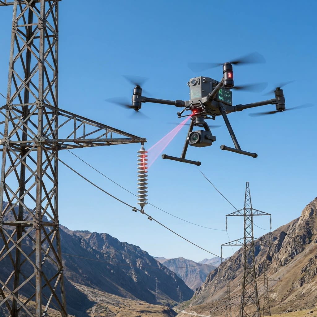 Varuna Aerotech drone inspecting a high-voltage transmission tower
