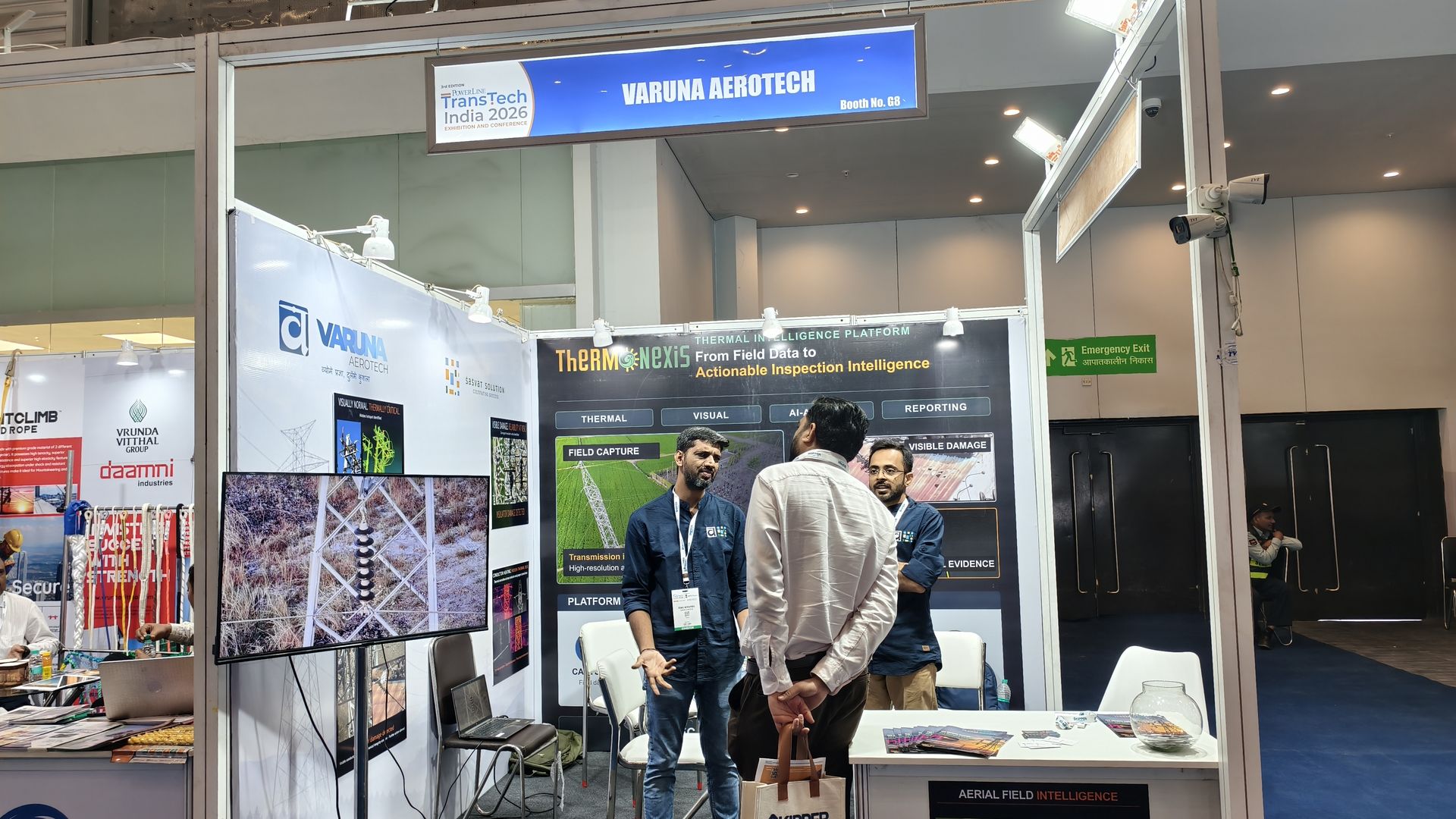 Varuna Aerotech's full booth setup with the team engaging visitors at TransTech India 2026, Booth G8
