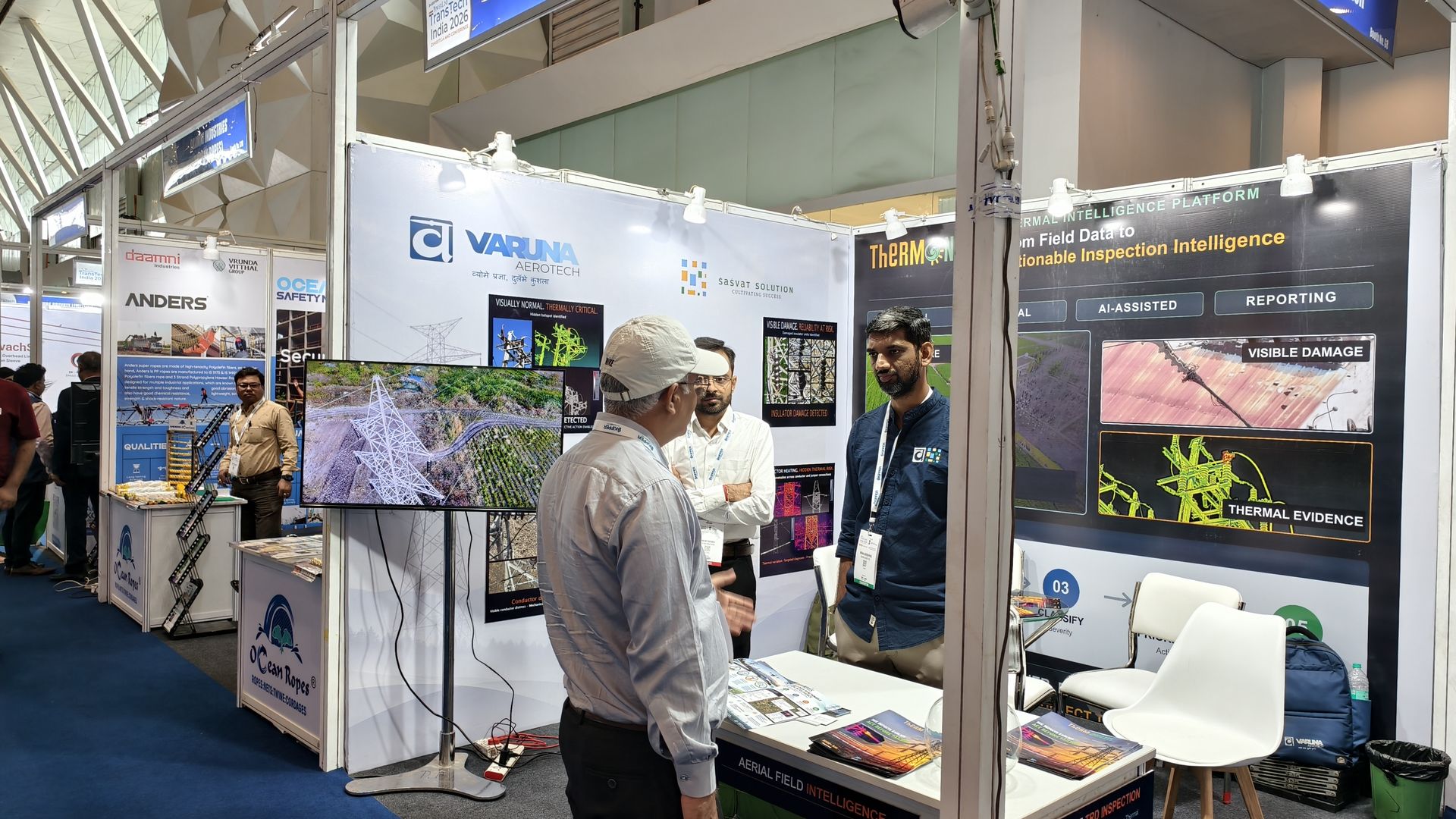Varuna Aerotech team discussing aerial inspection capabilities with visitors on the final day of TransTech India 2026